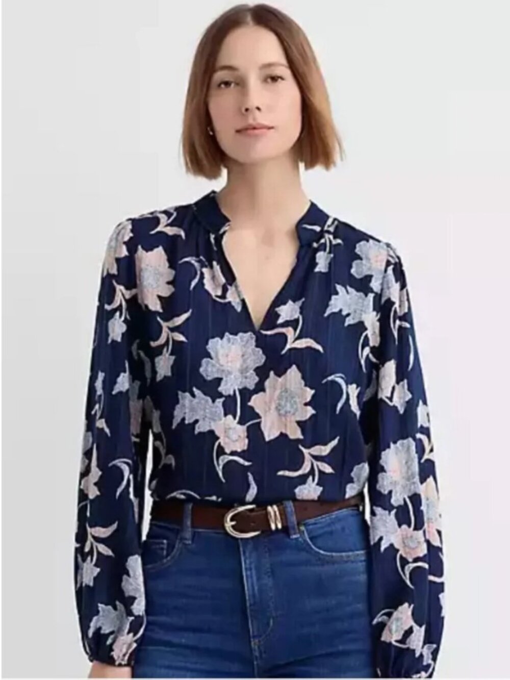 LOFT | Navy Blue Floral Split Neck Top